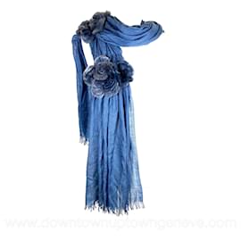 Fendi-Fendi Selleria scarf in blue silk & cashmere with fur flowers-Blue