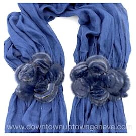 Fendi-Fendi Selleria scarf in blue silk & cashmere with fur flowers-Blue