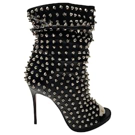 Christian Louboutin-Christian Louboutin Guerilla 120 Spikes Open Toe Ankle Boot in Black Leather-Black