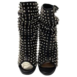 Christian Louboutin-Christian Louboutin Guerilla 120 Spikes Open Toe Ankle Boot in Black Leather-Black