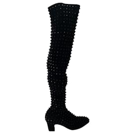 Christian Louboutin-Christian Louboutin Spiked Long Boots in Black Suede-Black