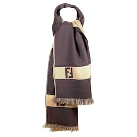 Fendi-Fendi scarf in brown wool with logo and fringe-Brown