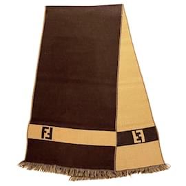 Fendi-Fendi scarf in brown wool with logo and fringe-Brown