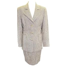 Valentino-Valentino vintage skirt suit tweed with large goldtone turtle buttons-Brown