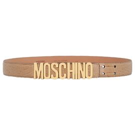 Moschino Croc-Embossed Leather Logo Belt Beige