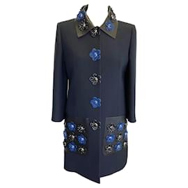 Fendi-Fendi coat in midnight blue wool-silk blend with leather flowers & trim-Black