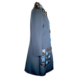 Fendi-Fendi coat in midnight blue wool-silk blend with leather flowers & trim-Black