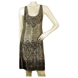 Juicy Couture-Juicy Couture Khaki Black Abstract Sleeveless 100% Silk Tank Mini Dress Size M-Brown,Black,Beige