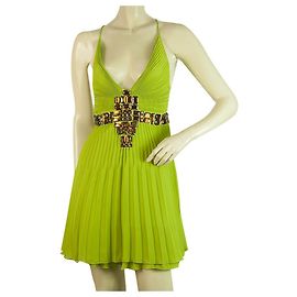 Just Cavalli Nur Cavalli Limonengrün Große Perlen Dünne Träger Sexy Rücken Seide Minikleid Gr 40 Hellgrün