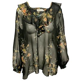 Zimmermann Floral Longsleeve Bluse in Black Silk Grün