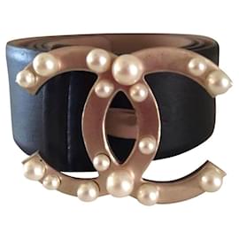 Chanel-Chanel Gold CC pearl black leather belt-Black