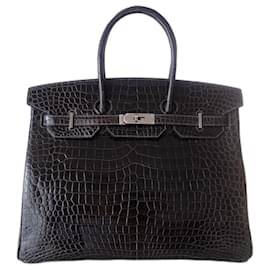 Hermès-sac Hermes Birkin 35 crocodile-Gris,Gris anthracite
