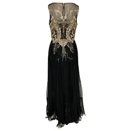 Autre Marque-Marchesa Notte Lace Evening Gown in Black and Gold Polyester-Black