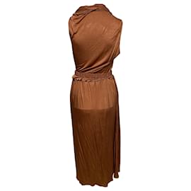 Autre Marque-Dodo Bar Or Ora Belted Midi Dress in Brown Satin-Brown