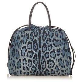 Dolce & Gabbana Dolce&Gabbana Blue Leopard Print Canvas Tote Bag Black Blue