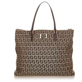 Fendi-Fendi Brown Zucchino Canvas Tote Bag-Brown,Beige,Dark brown