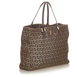 Fendi-Fendi Brown Zucchino Canvas Tote Bag-Brown,Beige,Dark brown