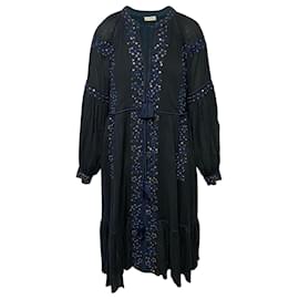 Ulla Johnson-Ulla Johnson Vanita Crochet Trim Tiered Dress in Blue Cotton-Black