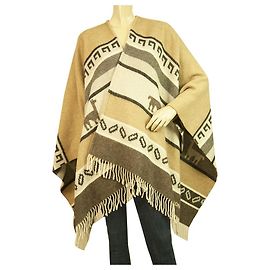 Dondup Beige Brown Ethnic Pattern Woolen Cape Wrap w. Fringes Multiple colors