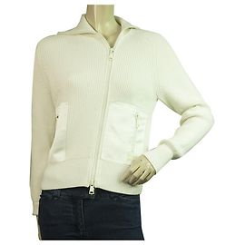 Elisabetta Franchi Ecru gerippte Strickjacke mit Reißverschluss w. Taschengröße 40 Creme