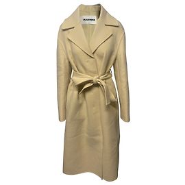 Jil Sander Casaco MIdi com Cinto em Lã Creme Branco Cru