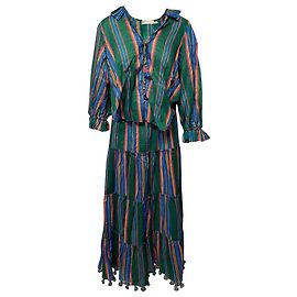 Zimmermann Zimmerman Allia Completo Camicia a Righe a Maniche Lunghe e Gonna Lunga in Cotone Verde Verde