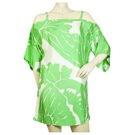 Tibi-Tibi Green Leaves White Floral Short Sleeves Open Shoulders Mini Dress size S-Green