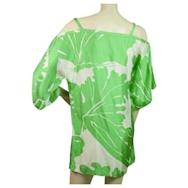 Tibi-Mini abito Tibi foglie verdi floreale bianco maniche corte spalle aperte taglia S-Verde