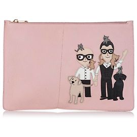 Dolce & Gabbana Pink Family Patch Bolsa Clutch em Couro Rosa Multicor