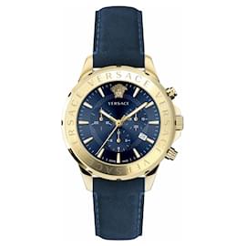 Versace-Versace Chrono Signature Leather Watch-Golden,Metallic