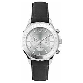 Versace-Chrono Signature Leather Watch-Silvery,Metallic