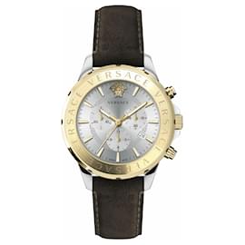 Versace-Chrono Signature Leather Watch-Golden,Metallic