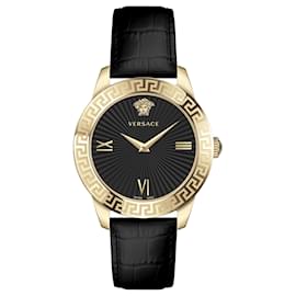 Versace-Greca Signature Leather Watch-Golden,Metallic