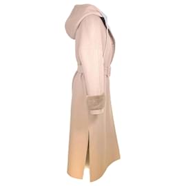 Fendi-Fendi coat in taupe wool with hood and mink cuffs-White,Cream