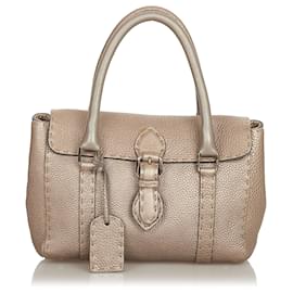 Fendi-Fendi Brown Mini Selleria Linda Sac à main en cuir-Marron,Taupe