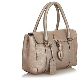 Fendi-Fendi Brown Mini Selleria Linda Sac à main en cuir-Marron,Taupe