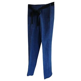 Victoria Beckham Blue Linen Pants with Black Belt Blue