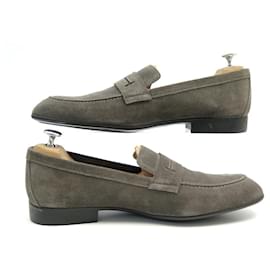 Hermès-HERMES LOAFERS 43.5 GRAY SUEDE DEER BROWN SHOES-Grey
