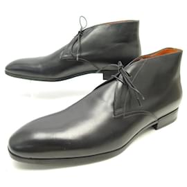 Santoni-SANTONI SHOES 11163 CHUKKA ANKLE BOOTS 10 It 45 FR BLACK LEATHER LOW BOOTS-Black