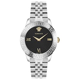 Versace-Greca Signature Leather Watch-Silvery,Metallic
