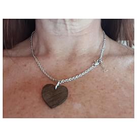 Yves Saint Laurent-Pendentif cœur en bois et argent 925-Marron,Argenté