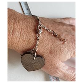 Yves Saint Laurent-Bracelet adjustable cœur argent 925 et bois-Marron,Argenté
