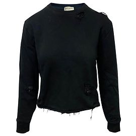 Yves Saint Laurent – Gestrickter Pullover mit Distressed-Details aus schwarzer Baumwolle Schwarz