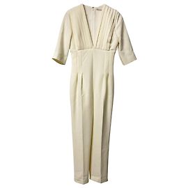 Autre Marque Emilia Wickstead Cropped Pleated Jumpsuit in Ivory Wool White