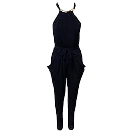 Michael Kors-Michael Kors Sleeveless Jumpsuit with Gold Neckline in Navy Blue Polyester-Navy blue