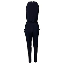 Michael Kors-Michael Kors Sleeveless Jumpsuit with Gold Neckline in Navy Blue Polyester-Navy blue