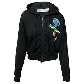 Off White Sudadera con capucha y estampado de cinta floral con cremallera en la parte delantera en algodón negro Negro