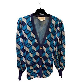 Cardigan Gucci Lamé Jacquard com G geométrico em azul e prata Azul
