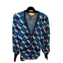 Gucci-Gucci Lamé Jacquard Cardigan With Geometric G In Blue And Silver-Blue