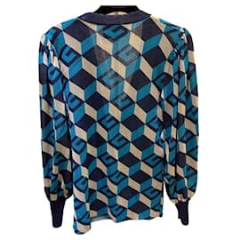 Gucci-Gucci Lamé Jacquard Cardigan With Geometric G In Blue And Silver-Blue